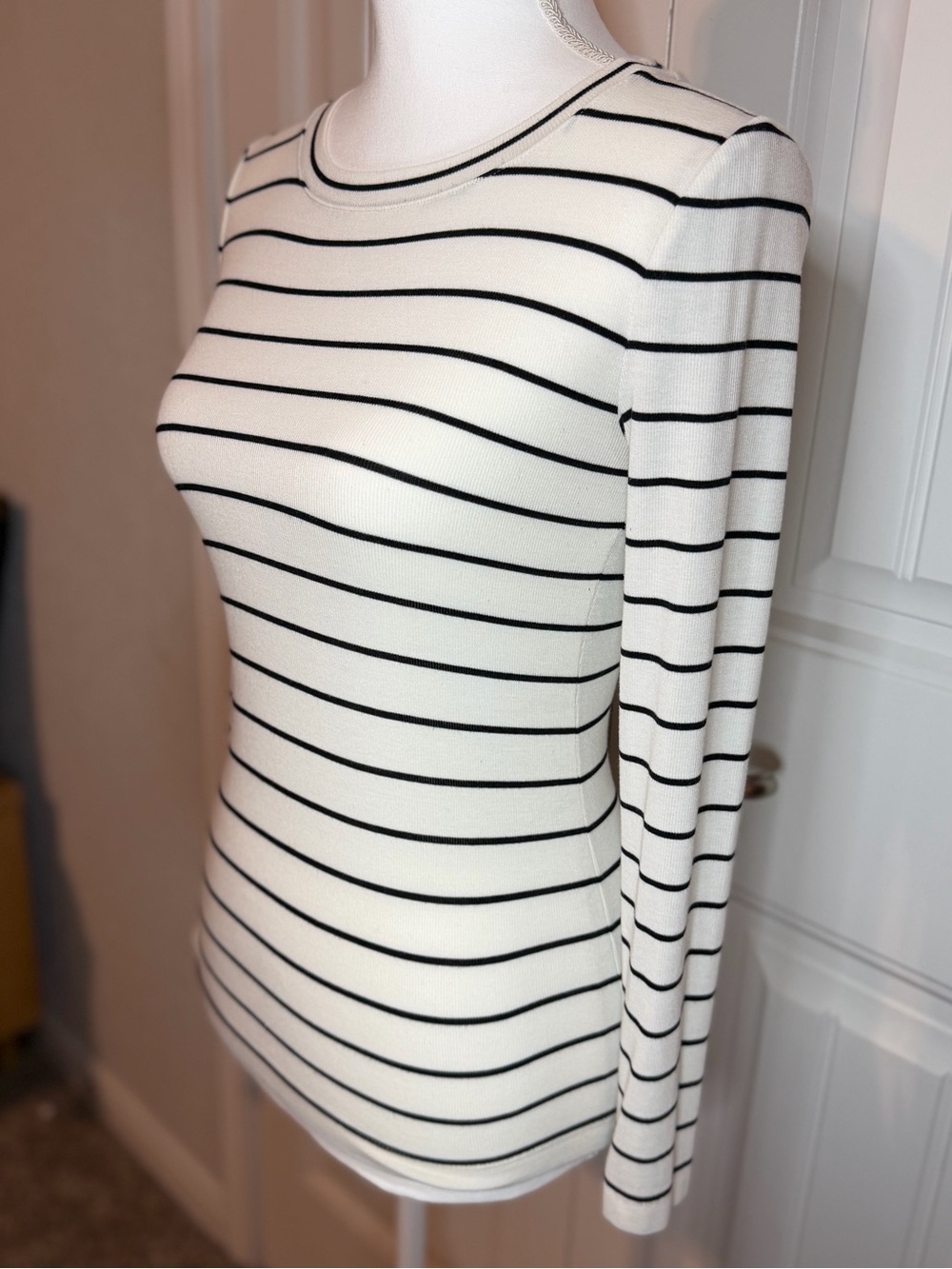 LOFT Petite Black White Striped Ribbed Long Sleeve Top XSP